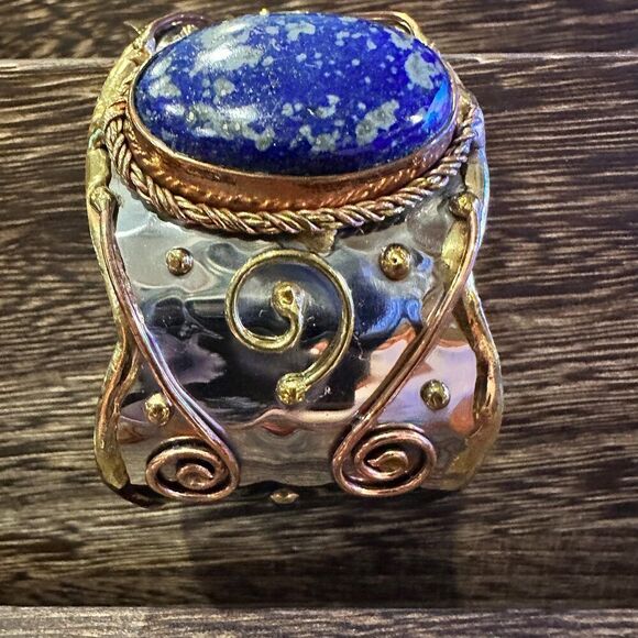 Artisan 2-Inch Wide Lapis Lazuli Cuff Bracelet, Adjustable Mixed Metals, Gift R - Picture 1 of 13